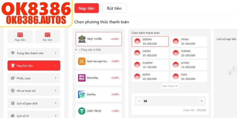 Các hình thức nạp tiền OK8386 đa dạng  